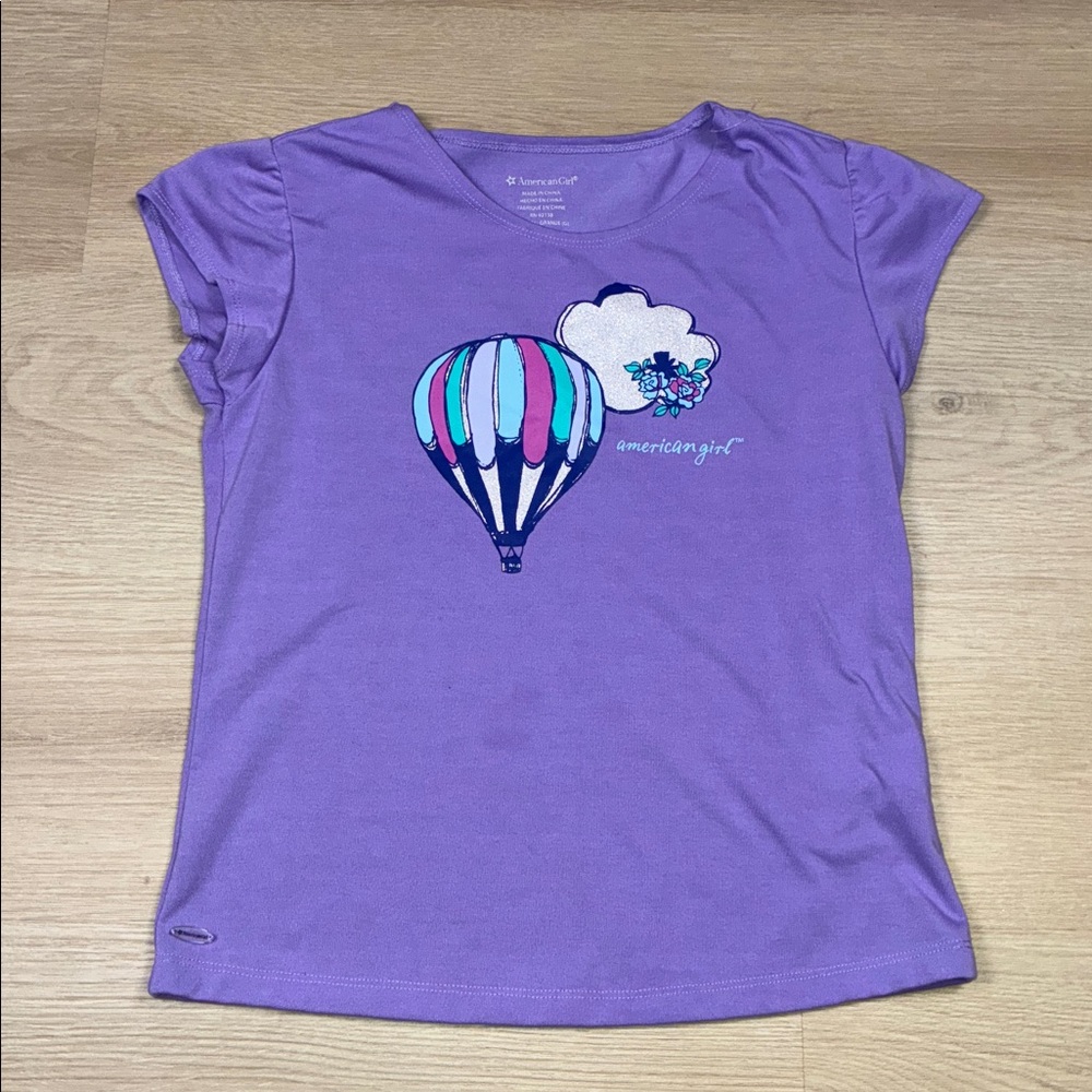 American Girl Lavender Glittery Silver Cloud Hot Air Balloon Print Tee L 14/16